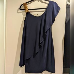 Asymmetrical navy blue mini dress with gold embellishment - Size 2P